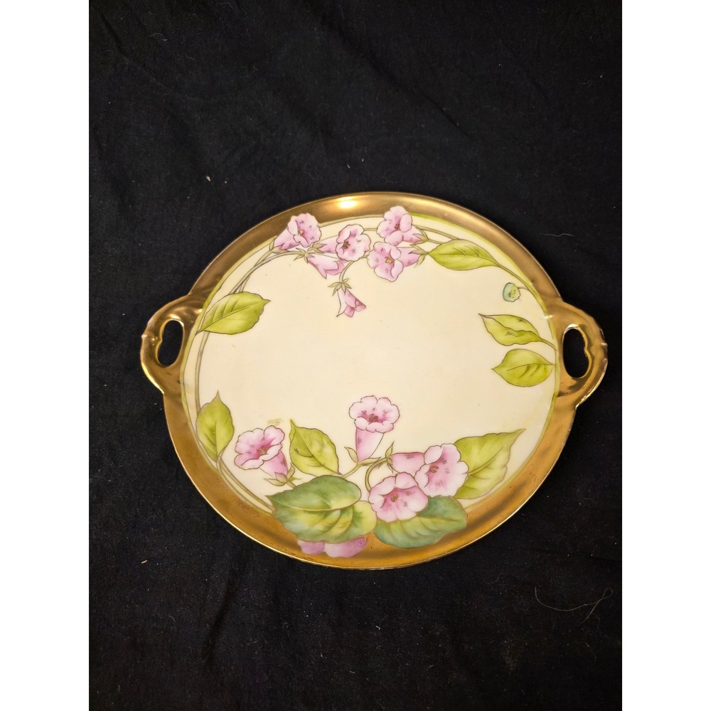 Vintage Bavaria Hand Painted Porcelain Floral Cake Plate Gold Trim Signed Rene